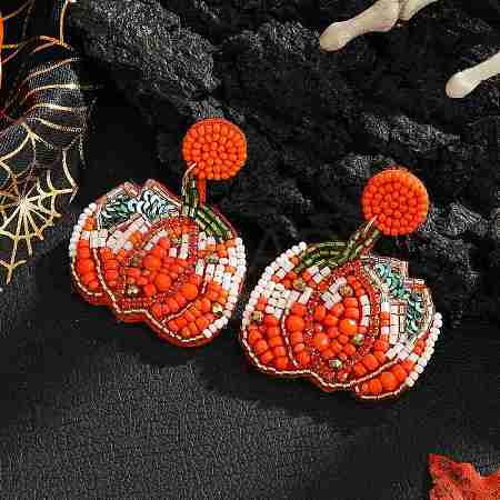 Pumpkin Pattern Glass Bead Handmade Stud Earrings for Halloween KL7370-1