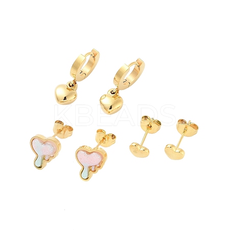 Ion Plating(IP) 3Pairs 3 Styles 304 Stainless Steel Heart Earrings EJEW-A114-07G-1