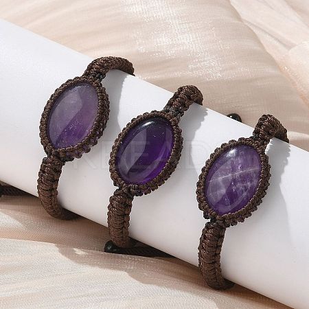 Adjustable Oval Natural Amethyst Braided Bead Bracelets BJEW-H626-02-15-1