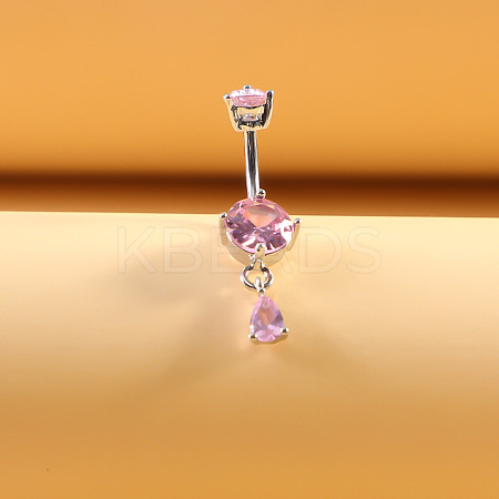 316L Surgical Stainless Steel Pearl Pink Cubic Zirconia Flat Round Curved Barbell Dangle Belly Rings WG4CABC-06-1