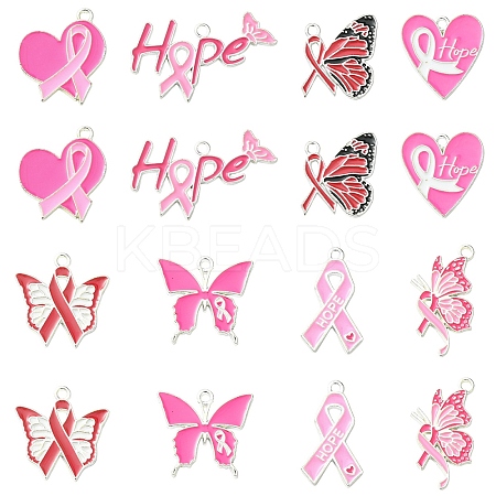 16Pcs 8 Styles Breast Cancer Pink Awareness Ribbon Theme Alloy Enamel Pendants ENAM-YW0006-40-1