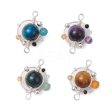 4Pcs 4 Colors Natural Tiger Eye(Dyed/Undyed) Copper Wire Wrapped Planet Connector Charms PALLOY-TA00181-1