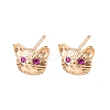 Cat Shape Brass Micro Pave Cubic Zirconia Stud Earrings EJEW-L278-11G-4