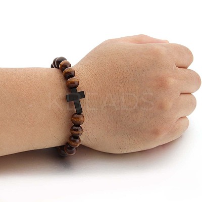Wood Cross & Round Beaded Stretch Bracelets for Men FS-WG25A82-02-1