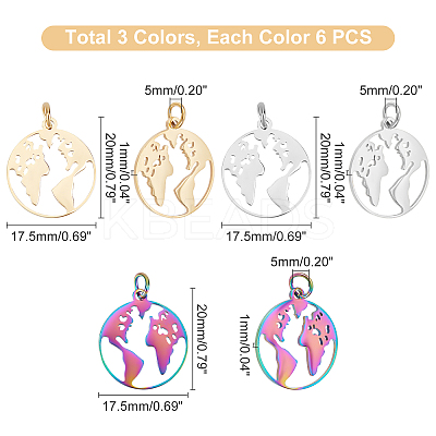18Pcs 3 Colors 201 Stainless Steel Pendants STAS-DC0003-05-1