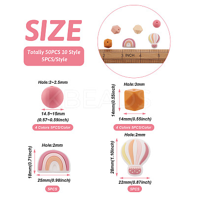 50Pcs 10 Style Food Grade Eco-Friendly Silicone Beads SIL-BT0001-03-1