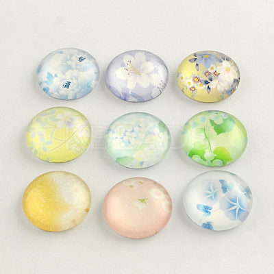 Flower Pattern Flatback Half Round Glass Dome Cabochons GGLA-R026-10mm-08-1