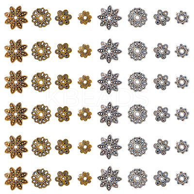 240Pcs 8 Styles Tibetan Style Alloy Flower Bead Caps TIBE-SP0001-26-1