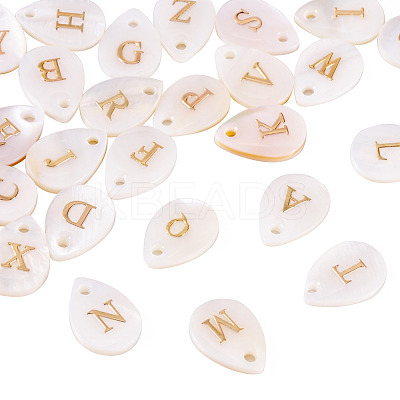 26Pcs 26 Styles Natural Shell Teardrop Charms with Golden Tone Metal Letter Slices SHEL-TAC0004-02-1