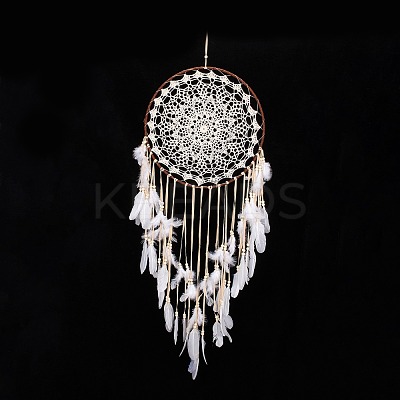 Handmade Round Cotton Woven Net/Web with Feather Wall Hanging Decoration HJEW-G015-02A-1