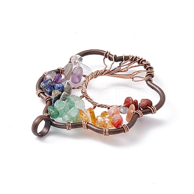 7 Chakra Flower Natural Mixed Stone Copper Wire Wrapped Chip Big Pendants G-E195-12R-01-1