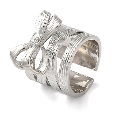 Brass Micro Pave Cubic Zirconia Bowknot Open Cuff Wide Rings for Women RJEW-B057-03P-1