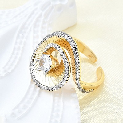 Brass Micro Pave Clear Cubic Zirconia Cuff Rings for Women RJEW-G347-05G-1