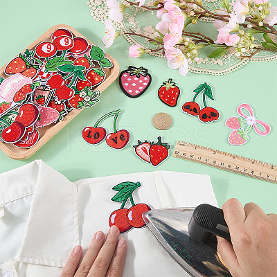 38Pcs 2 Sets 2 Styles Strawberry & Cherry Polyester Embroidered Cloth Patch PATC-WR0001-32-1