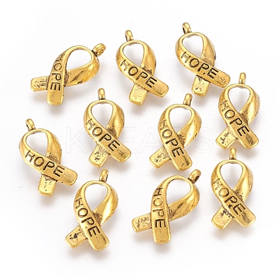 Breast Cancer Awareness Ribbon Carved Word Hope Tibetan Style Alloy Message Pendants X-TIBEP-S278-AG-FF-1
