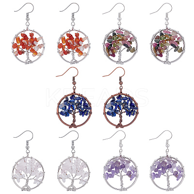 5 Pairs 5 Style Natural Mixed Stone Chip Beads Wrapped Tree of Life Dangle Earrings for Women EJEW-UN0001-97-1
