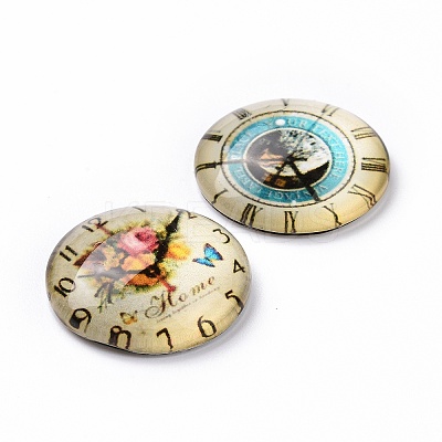 Clock Printed Glass Cabochons GGLA-A002-20mm-YY-1