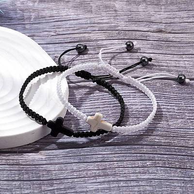 2Pcs Synthetic Turquoise & Hematite Braided Bracelets for Couple BJEW-JB11339-1