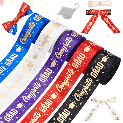 5 Rolls 5 Colors Gold Stamping Congrats Polyester Printed Ribbons OCOR-PH0004-41-1