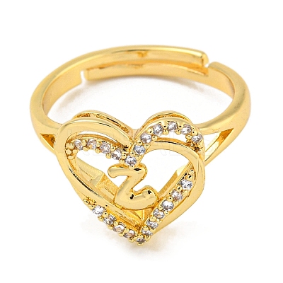 Heart with Letter Rack Plating Brass Micro Pave Clear Cubic Zirconia Adjustable Rings for Women RJEW-I105-01G-Z-1