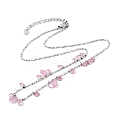 304 Stainless Steel Cubic Zirconia Teardrop & Flat Round Bib Ball Chain Necklaces for Women NJEW-F328-11P-08-1
