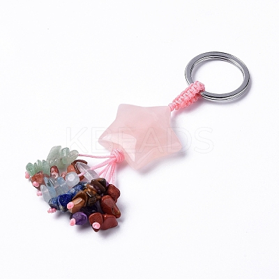 Rose Quartz Star with Mixed Gemstone Chips Beaded Tassel Keychains KEYC-P012-01P-08-1