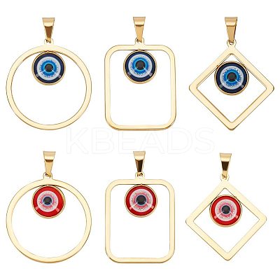 6Pcs 6 Styles PVD Vacuum Plating Evil Eye 304 Stainless Steel Resin Pendants STAS-UN0042-19-1