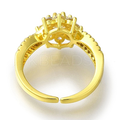 Rack Plating Flower Brass Micro Pave Clear Cubic Zirconia Open Cuff Rings for Women RJEW-H232-01G-1