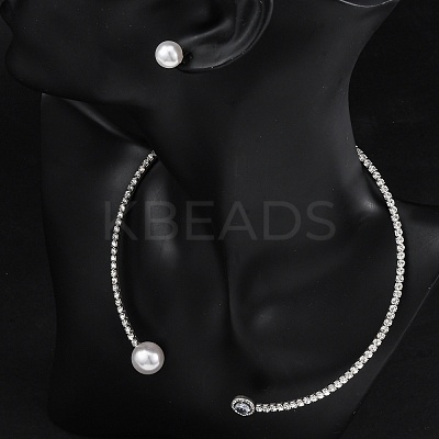 Round Plastic Imitation Pearl Stud Earrings & Cubic Zirconia and Rhinestone Cuff Choker Necklaces Sets SJEW-U003-03P-1