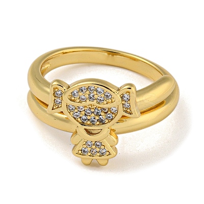 Girl Brass Micro Pave Clear Cubic Zirconia Double Rings RJEW-Z050-22G-1