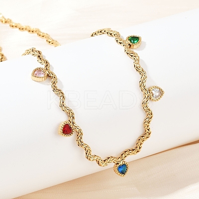 304 Stainless Steel Rope Chain Colorful Cubic Zirconia Tassel Necklaces for Women NJEW-V015-01G-A-1