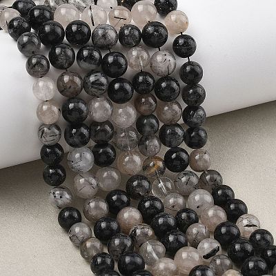 Natural Tourmalinated Quartz/Black Rutilated Quartz Beads Strands G-D361-01A-8-9mm-1