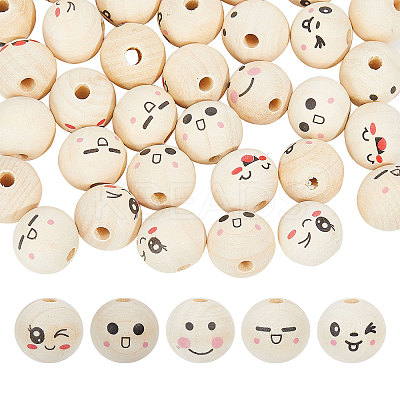 60Pcs 6 Styles Unfinished Natural Wood Printed Beads WOOD-GL0001-13A-1