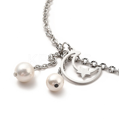CCB Pearl & 304 Stainless Steel Charm Anklet for Women AJEW-C021-22P-1