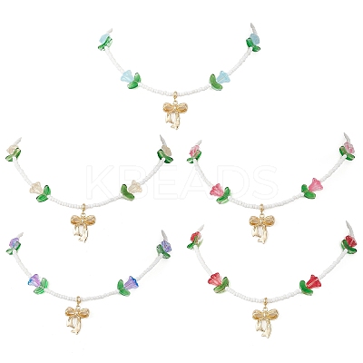 Alloy Bowknot Pendant Tulip Flower Glass Seed Beaded Necklaces for Women NJEW-MZ00148-1