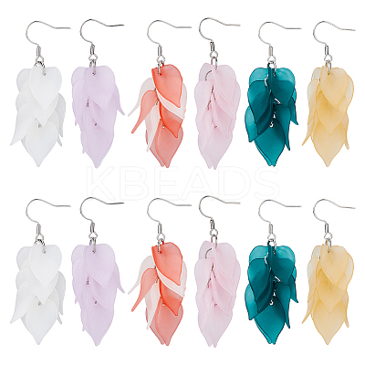 6 Pairs 6 Colors Acrylic Leaf Dangle Earrings EJEW-FI0001-73-1