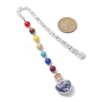 7 Chakra Gemstone Bead & Natural Lapis Lazuli Glass Heart Wishing Bottle Pendant Bookmarks AJEW-JK00313-07-1