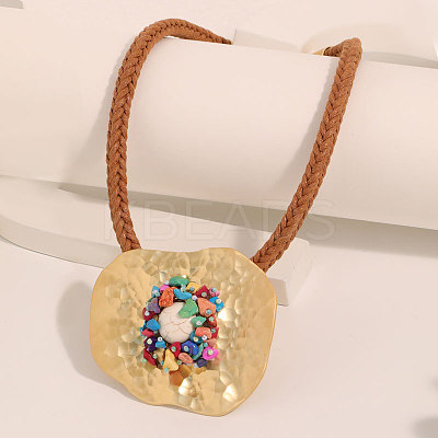 Irregular Flat Round Alloy & Synthetic Turquoise Chips Pendant Necklaces & Round Bead Dangle Earrings Sets FS-WGD0E4F-01-1