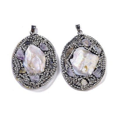 Natural Shell Polymer Clay Rhinestone Pendants KK-F868-20P-02-1