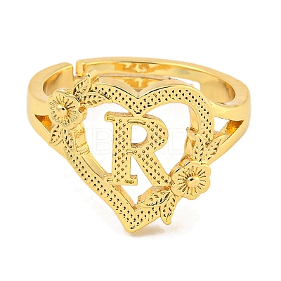 Heart with Letter & Flower Rack Plating Brass Adjustable Rings for Women RJEW-I105-05G-R-1