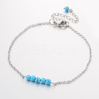 Round Synthetic Turquoise Beads Anklets AJEW-AN00103-01-1