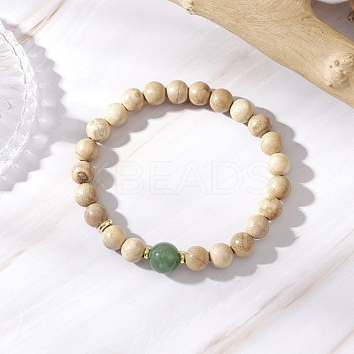 3Pcs Natural African Padauk Wood & Sandalwood & Wood & Striped Agate & Green Aventurine & Quartz Crystal Round Beaded Stretch Bracelets for Women BJEW-JB11929-1