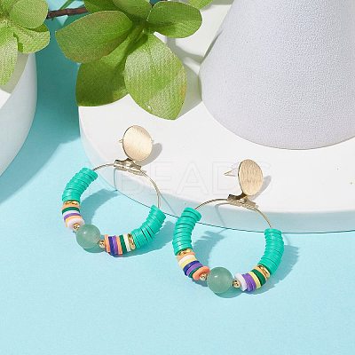 Natural Green Aventurine & Polymer Clay Beaded Big Ring Dangle Stud Earrings EJEW-TA00075-05-1
