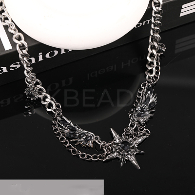 304 Stainless Steel Jet Rhinestone Star with Wings Choker Necklaces for Women FS-WG57FF6-01-1