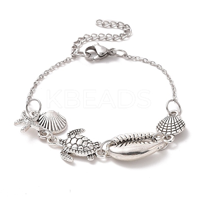 Shell & Starfish & Turtle Alloy Charm Bracelet for Women BJEW-JB09354-1