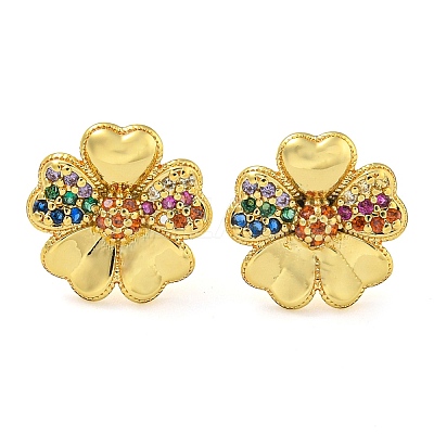 Rack Plating Brass Micro Pave Clear Cubic Zirconia Flower Stud Earrings EJEW-T021-01G-02-1