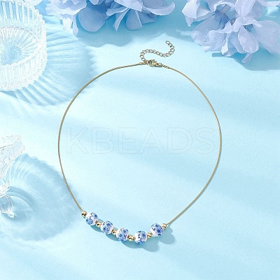 Handmade Flower Printed Porcelain Round Beaded 304 Stainless Steel Snake Chain Necklaces NJEW-JN05361-1
