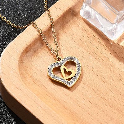 304 Stainless Steel Crystal Rhinestone Heart Pendant Cable Chain Necklaces for Women NJEW-Z056-01C-G-1