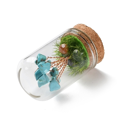 Syntheticl Crackle Turquoise Chips Money Tree in Dome Glass Bell Jars with Wood Base Display Decorations DJEW-K030-02G-1