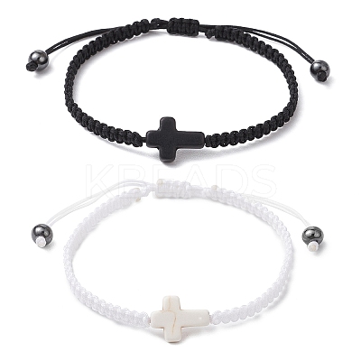2Pcs Synthetic Turquoise & Hematite Braided Bracelets for Couple BJEW-JB11339-1